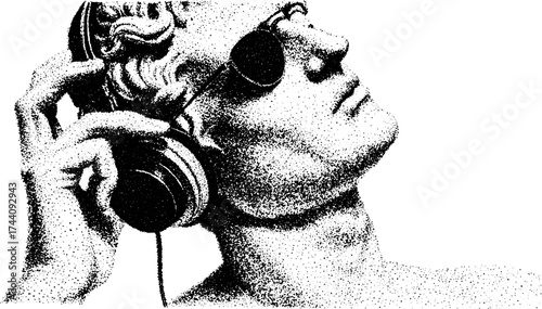 Classical marble bust with headphones in dotwork stipple style