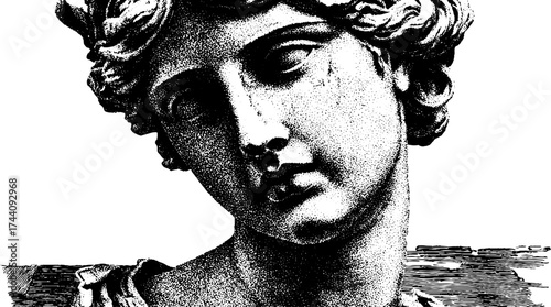 Detailed stipple dotwork illustration of classical marble sculpture bust