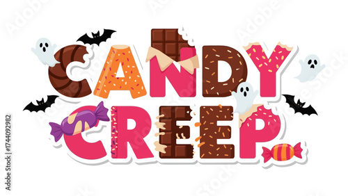 Candy Creep: A colorful and playful illustration with a candy-themed font, complemented by bats, ghosts, and candies, evoking a sense of festive fun for Halloween.