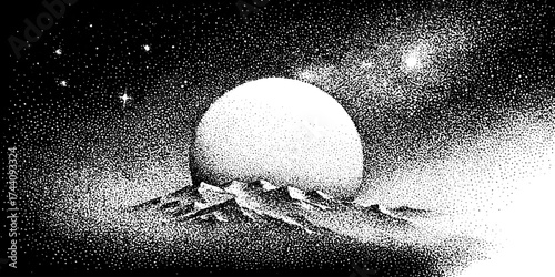 Cosmic window dotwork art with stipple technique featuring celestial landscape and moon scene