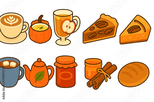 Autumn drinks and desserts icon set. flat style harvest and fall treats collection.