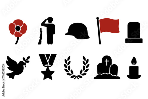 Remembrance day silhouette icon set: memorial, peace, poppy, flag, hat icons