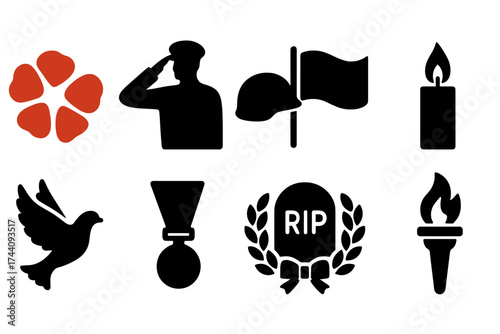 Memorial, veterans day silhouette icon set. remembering and tribute icons silhouette designs