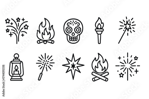 Fireworks and festival outline icon set. celebration and event icons outline style