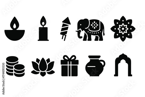 Diwali silhouette icon set: celebration, festival symbols, and traditional elements