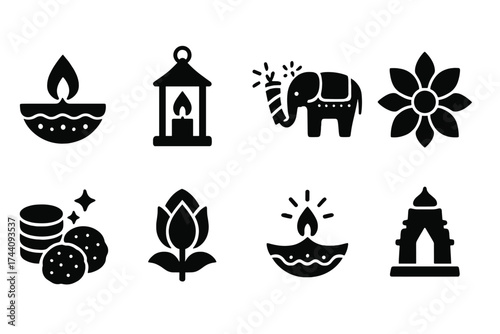 Diwali festival silhouette icon set. traditional, celebratory silhouette icon collection.