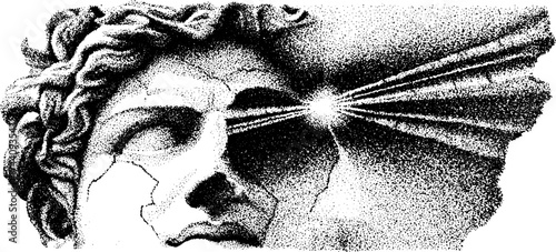 Cracked bust with light burst in stipple dotwork illustration for art design