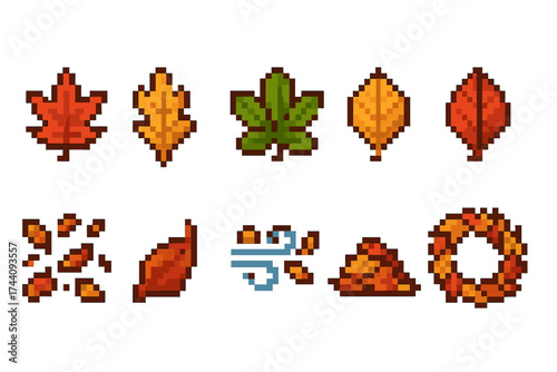 Autumn, fall leaves pixel icon set. seasonal nature icons in pixelated style