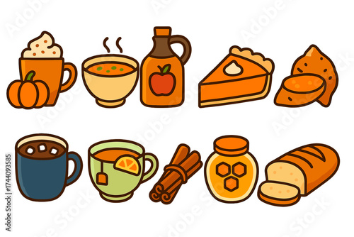Autumn, fall flat icon set. seasonal, cozy, warmth, thanksgiving, food icons in flat design
