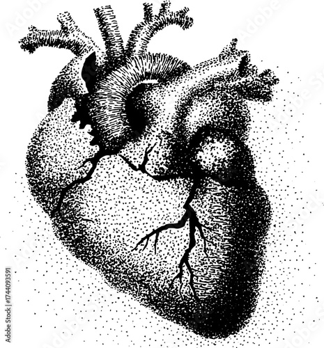 Intricate dotwork stippling art of a cracked heart with vintage etching effect