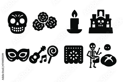 Day of the dead solid icon set. festive, traditional celebration icons collection
