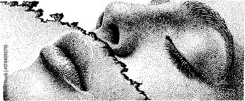 Intricate stipple illustration of a cracked human face in vintage halftone effect