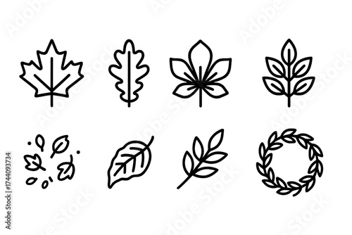Autumn leaves outline icon set: stylish seasonal foliage symbols for fall designs