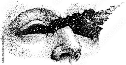 Surreal stipple art of a cracked human face with cosmic elements