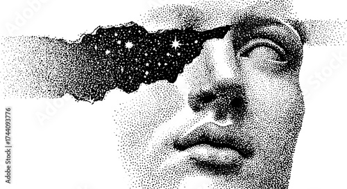 Surreal stipple art of cracked human face with cosmic infusion