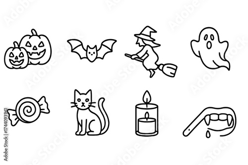 Halloween line icon set. spooky and festive halloween symbols and elements