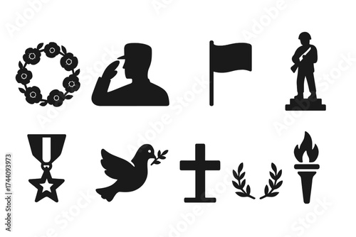 War and military remembrance solid icon set: soldier, peace, memorial elements