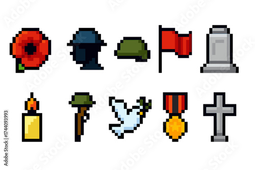 Remembrance day pixel icon set with poppy, flag, and monument memorial symbols