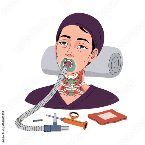 Woman receiving intubation for breathing support, a medical illustration showing airway anatomy with ventilator tubing and necessary instruments nearby
