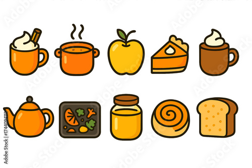 Autumn, seasonal food flat icon set. cozy, comfort food icons collection