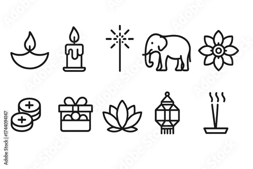 Diwali festival outline icon set. traditional, celebratory symbols in line style