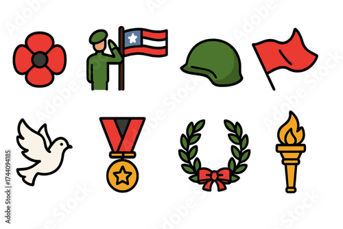 Veterans day filled icon set. military, patriotic symbols icons filled collection