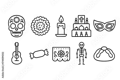 Day of the dead line icon set. mexican culture, celebration icons in linear style