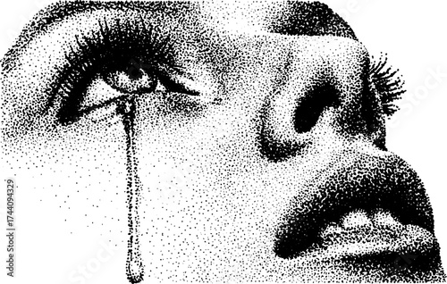 Emotional expression of a crying eye in detailed stipple art - perfect for emotional designs and posters