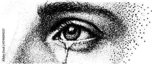 Emotional expression through detailed dotwork stippling of a crying eye