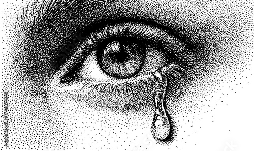 Emotional depth of a tearful eye in detailed dotwork stipple illustration