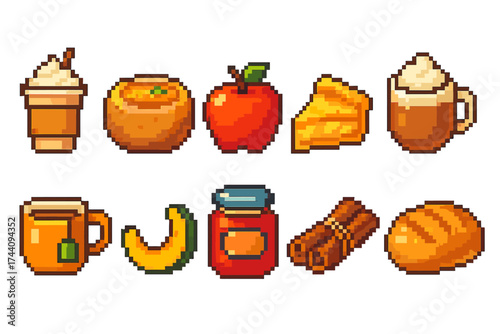 Autumn food pixel icon set. pumpkin, apple, cinnamon pixel art collection.
