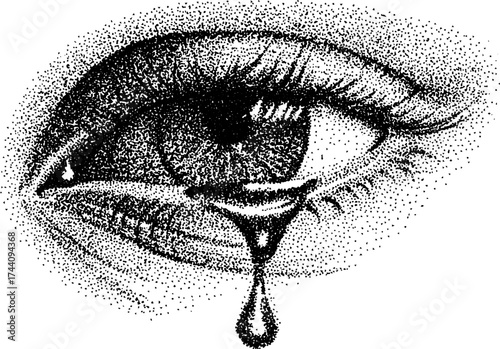 Emotional expression through detailed dotwork stippling of a crying eye
