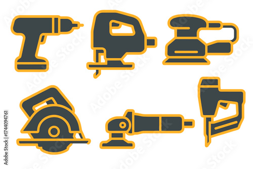 Six essential power tool icons: drill, jigsaw, sander, circular saw, grinder, and nail gun