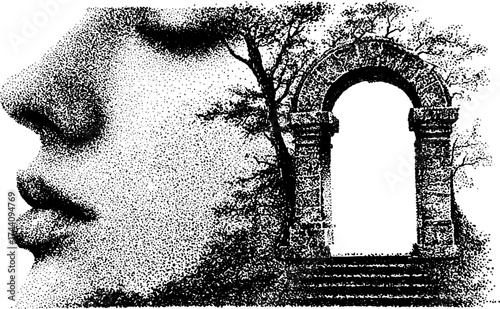 Artistic fusion of human profile and ancient arch in dotwork style for creative design