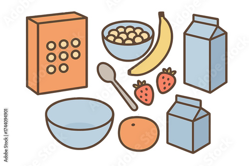 Healthy breakfast ingredients set including cereal, milk, fresh fruit, and serving utensils