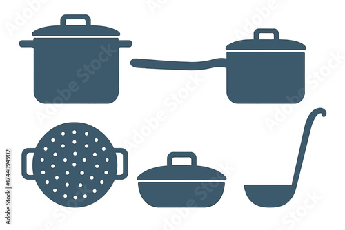 Kitchen cooking equipment silhouettes set including pot saucepan and ladle