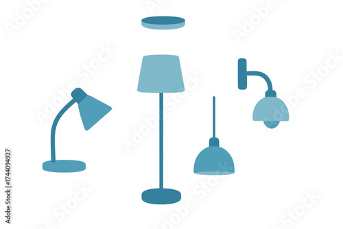 Modern interior lighting fixtures collection including floor, desk, and pendant lamps
