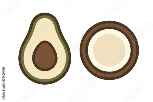Stylized cross section of fresh avocado and tropical coconut on white background