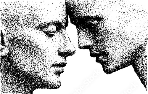 Dual human figure in detailed dotwork stippling art for creative design
