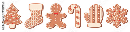Set of christmas gingerbread cookies decorated of sugar icing isolated on white background. Gingerbread cookies in shape of christmas tree, stocking, gingerbread man, candy cane, glove and snowflake.