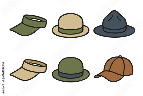 Collection of casual and outdoor headwear styles including baseball caps and visors