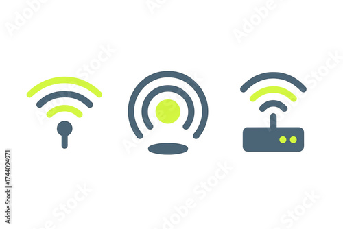 Set of wireless network signal icons and Wi-Fi router symbols for technology interface design