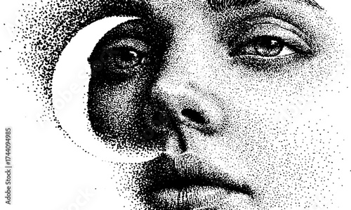 Intricate dotwork stippling of a face with crescent moon design for artistic projects