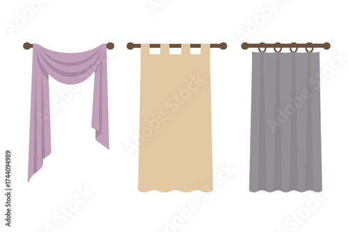 Collection of various window treatments including swag, tab top, and ring top drapes hanging on rods