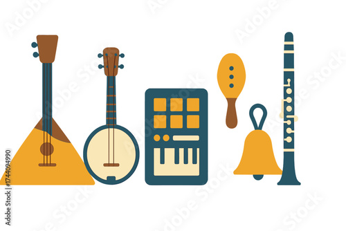 Diverse set of string, percussion, wind, and digital musical instruments
