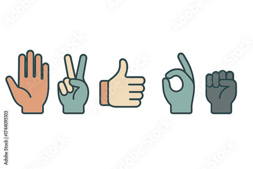 Diverse set of five human hand gestures representing communication, agreement, peace, and power symbols