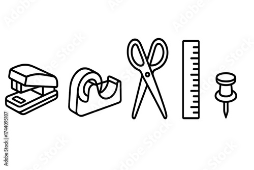 Essential office and school supplies including stapler, tape dispenser, scissors, ruler, and pushpin