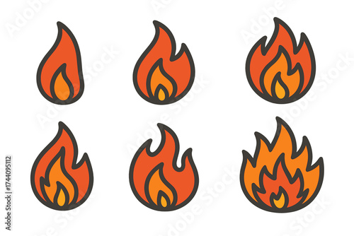 Six stylized graphic symbols showing fire flames and heat intensity progression