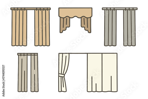 Set of various window curtains and drapery styles for interior design