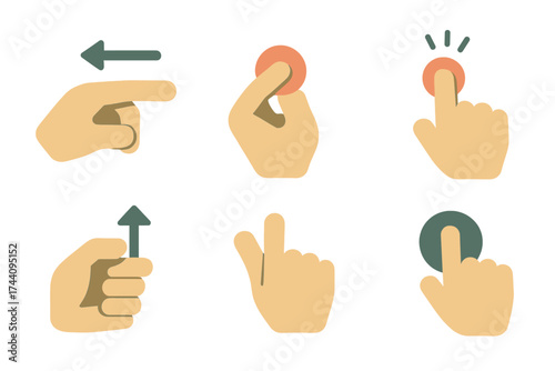 Six essential hand gestures for modern touchscreen interfaces including tap swipe and drag actions